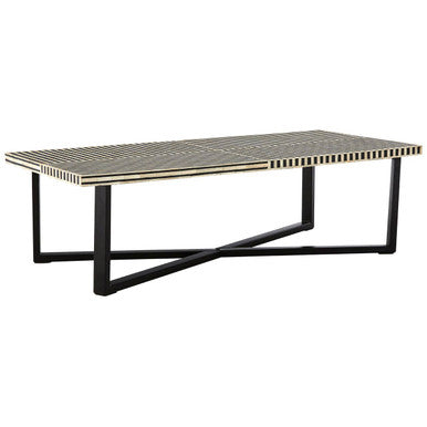 Black and White Buffalo Bone Inlay Top Coffee Table with Black Metal Lattice Base | Boho