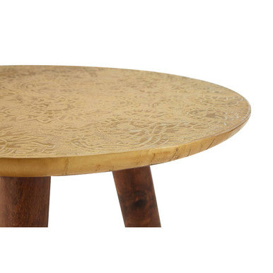 Gold Embossed Metal Top Side Table with Natural Tripod Wood Base | Boho