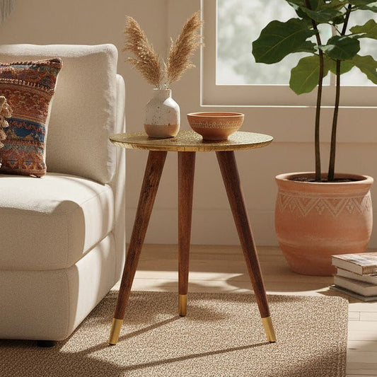 Gold Embossed Metal Top Side Table with Natural Tripod Wood Base, Boho