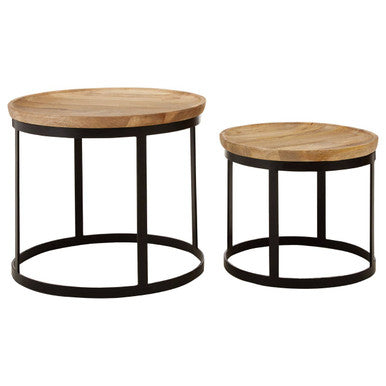 Set of 2 Natural Mango Wood Top Nesting Tables with Black Open Cage Metal Frame | Boho