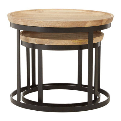 Set of 2 Natural Mango Wood Top Nesting Tables with Black Open Cage Metal Frame | Boho