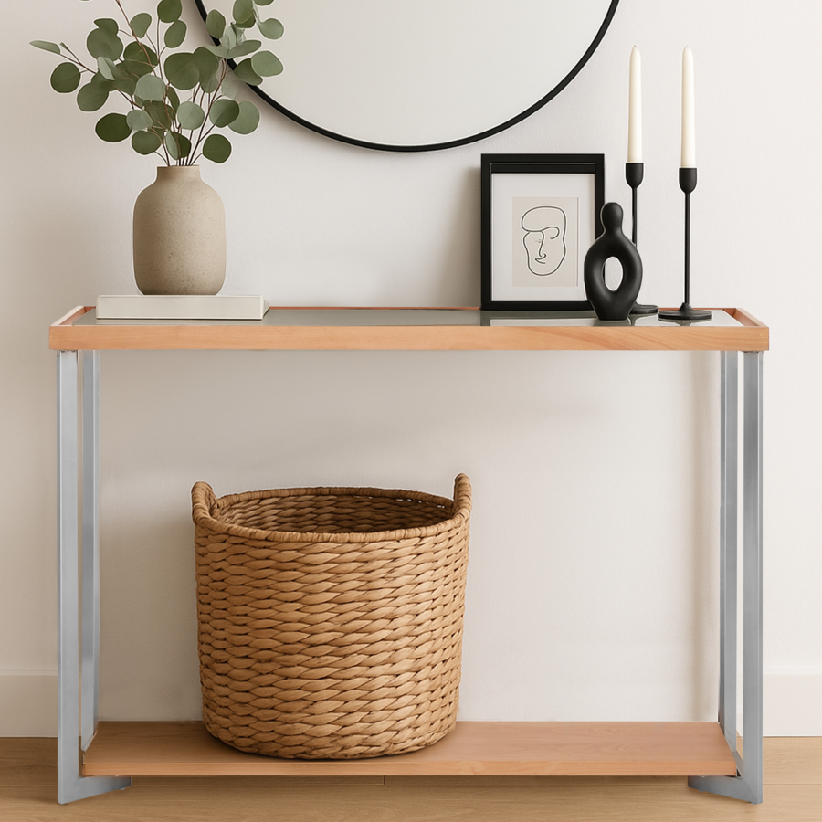 Mirrored Top Console Table with Open Storage Shelf and Silver Metal Frame, Kensington Townhouse