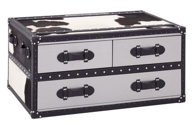 Black and White Cowhide Coffee Table with 3 Drawers and Leather Trim | Kensington Townhouse