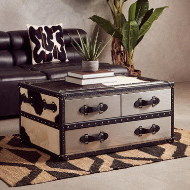 Black and White Cowhide Coffee Table with 3 Drawers and Leather Trim, Kensington Townhouse