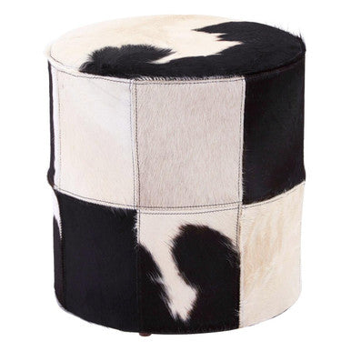 Kensington Townhouse Black and White Hair on Leather Stool with Stitched Detail