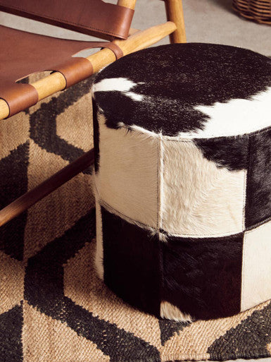 Kensington Townhouse Black and White Hair on Leather Stool with Stitched Detail