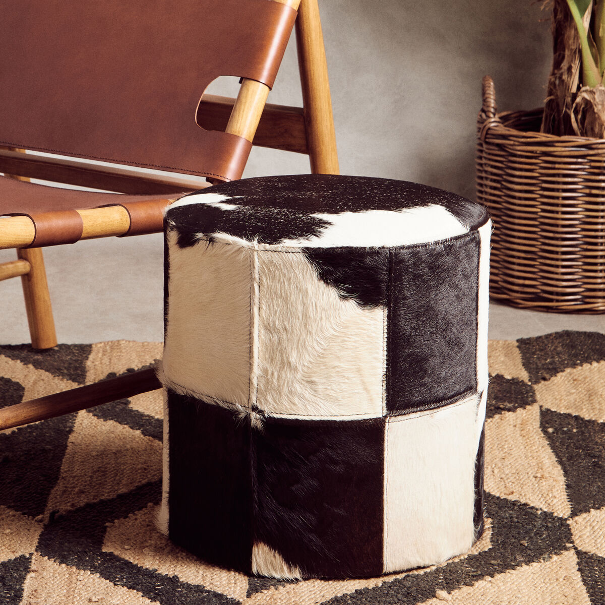 Kensington Townhouse Black and White Hair on Leather Stool with Stitched Detail