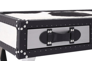 Black and White Cowhide Console Table with 3 Drawers and Leather Trim | Kensington Townhouse