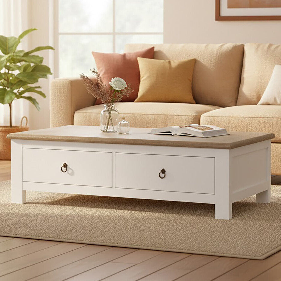 White Wooden Coffee Table with Natural Oak Top and 2 Storage Drawers | Hampstead