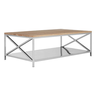 Natural Oak Wood Coffee Table with Silver Mirrored Lower Shelf | Chiswick
