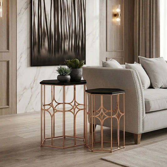 Set of 2 Black Hexagon Top Nesting Side Tables with Rose Gold Metal Frames, Lexa