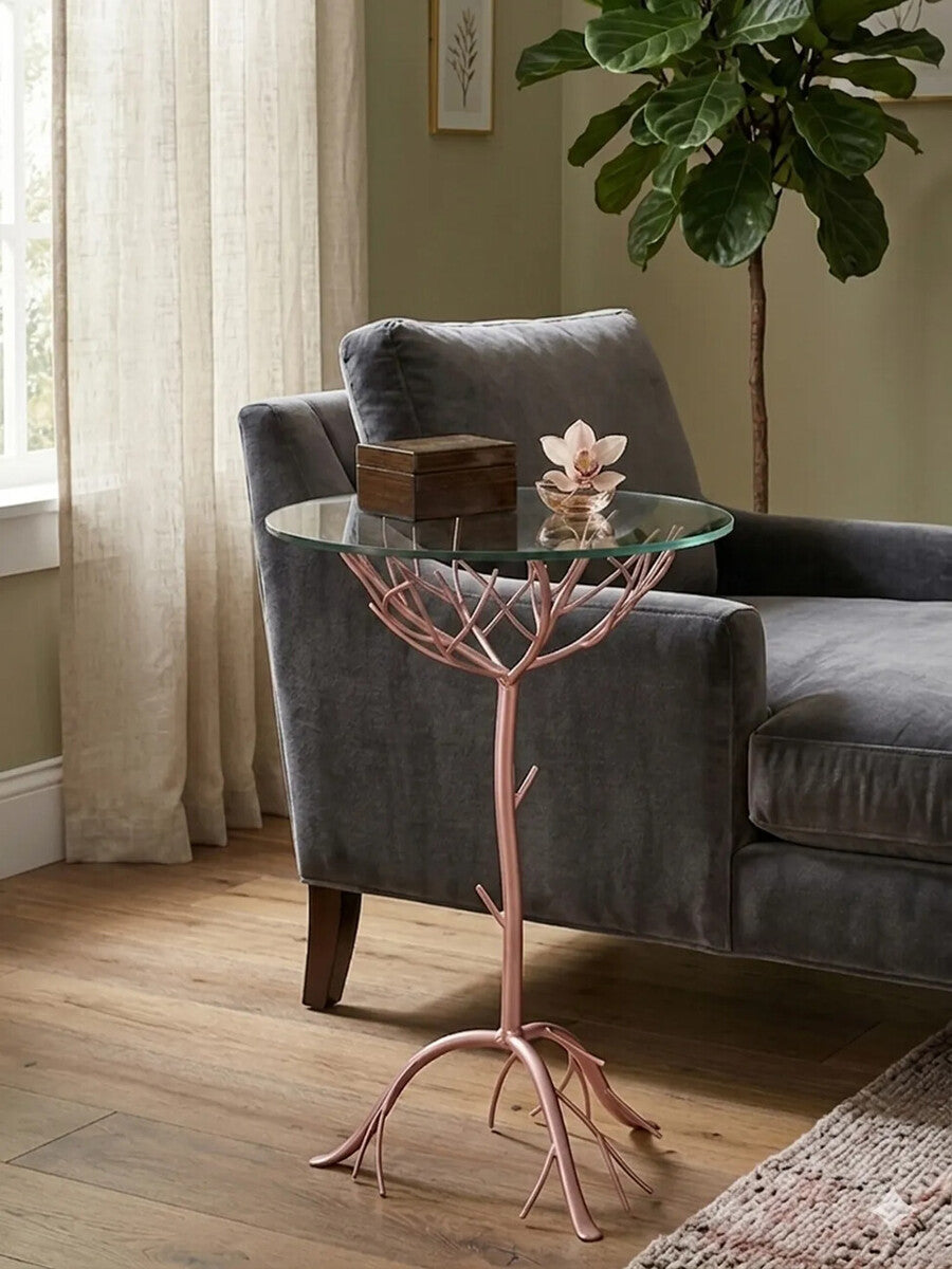 Rose Gold Galass Top Round Table with Branch Detailing | Lexa