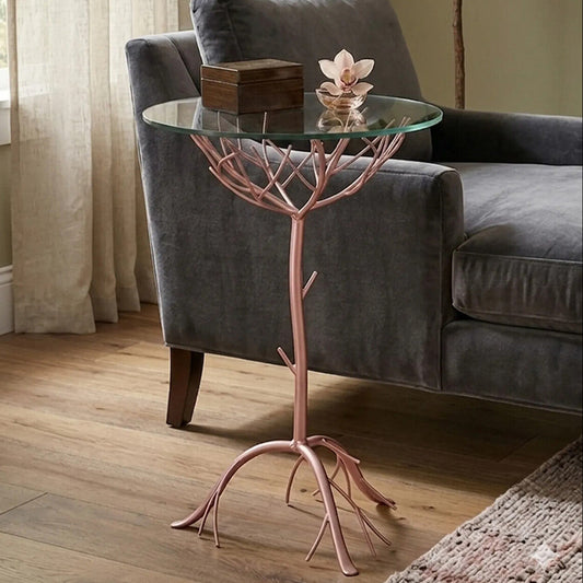 Rose Gold Galass Top Round Table with Branch Detailing, Lexa