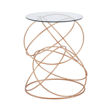 Rose Gold Round Table with Tempered Glass Surface and Geometric Detailing | Lexa