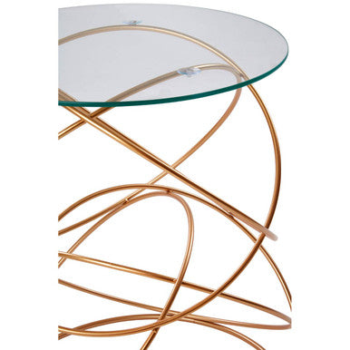 Rose Gold Round Table with Tempered Glass Surface and Geometric Detailing | Lexa