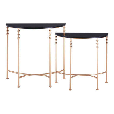 Set of 2 Matte Black MDF Tops Half Round Console Tables with Rose Gold Metal Legs | Lexa