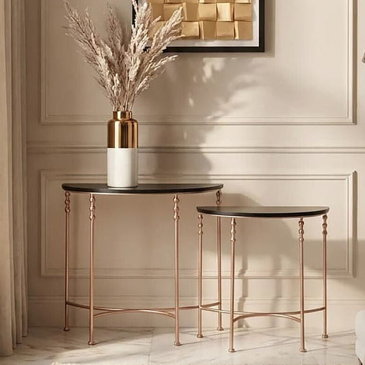 Set of 2 Matte Black MDF Tops Half Round Console Tables with Rose Gold Metal Legs, Lexa