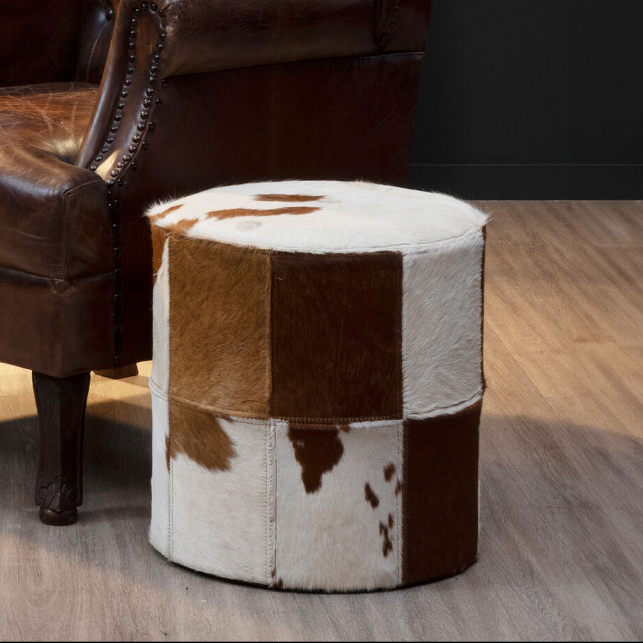Kensington Townhouse Brown And White Cowhide Hair on Leather Stool
