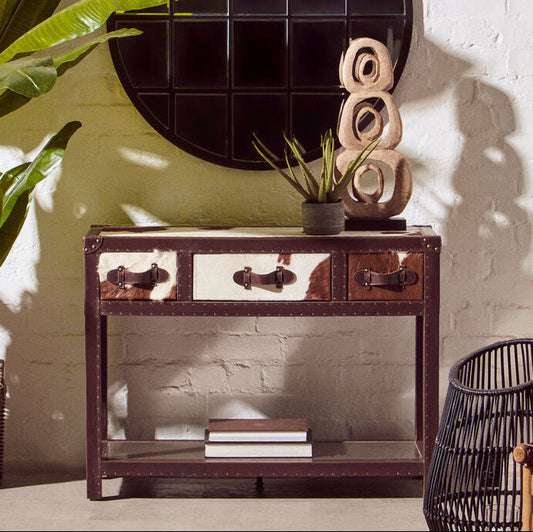 Brown and White Cowhide 3-Drawer Console Table with Leather Trim, Kensington Townhouse