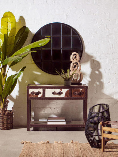 Kensington Townhouse Brown And White Genuine Cowhide 3 Drawer Table