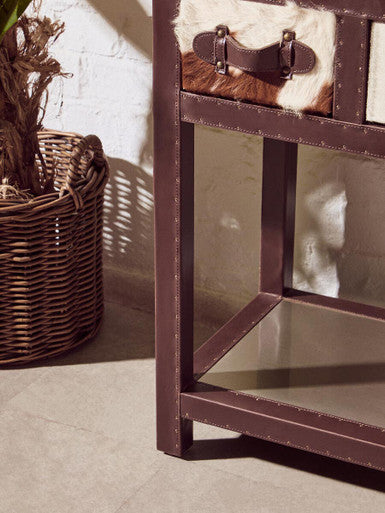 Kensington Townhouse Brown And White Genuine Cowhide 3 Drawer Table