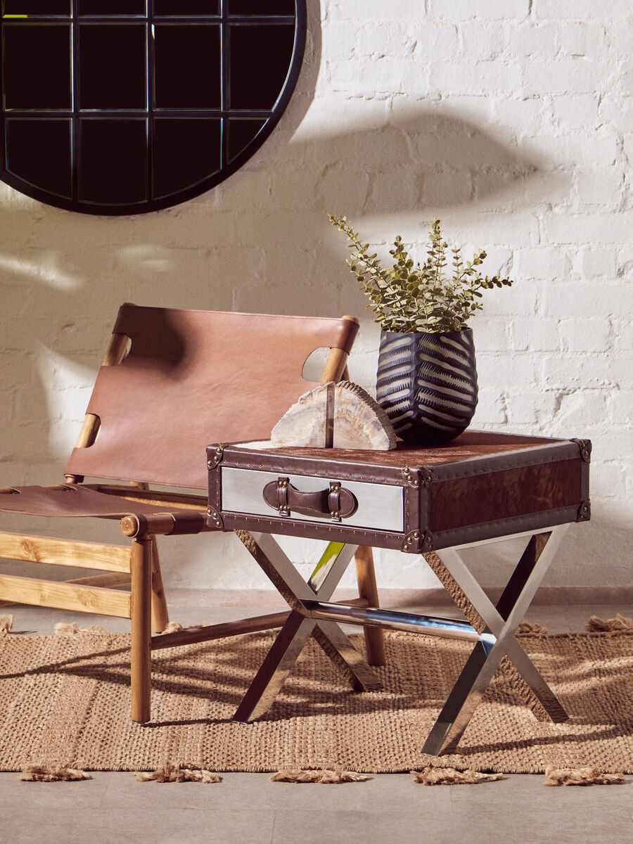 Brown and White Cowhide 1-Drawer Bedside Table with Leather Handle | Kensington Townhouse