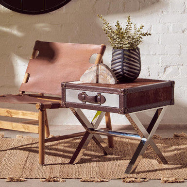 Brown and White Cowhide 1-Drawer Bedside Table with Leather Handle | Kensington Townhouse