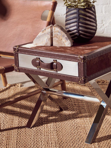Brown and White Cowhide 1-Drawer Bedside Table with Leather Handle | Kensington Townhouse