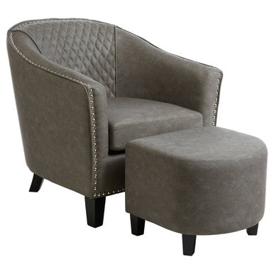Derby Grey Faux Leather Tub Chair and Footstool with Stud Detail