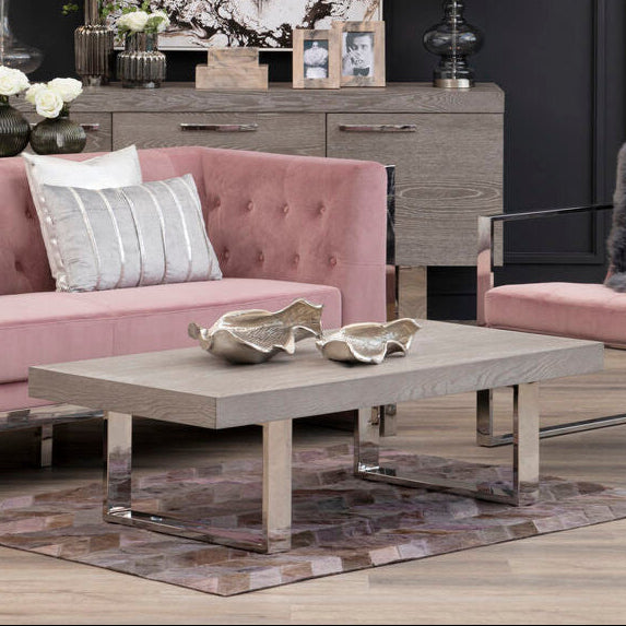 Grey Elm Wood Low Coffee Table with Silver U-Shaped Steel Legs | Ulmus