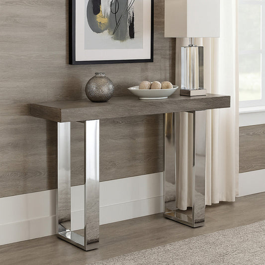 Grey Elm Wood Console Table with Stainless Steel U-Shape Legs, Ulmus