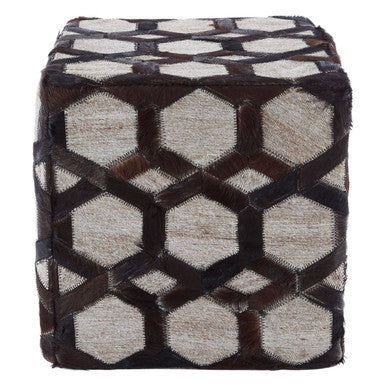 Genuine Grey Leather Patchwork Pouffe | Safira