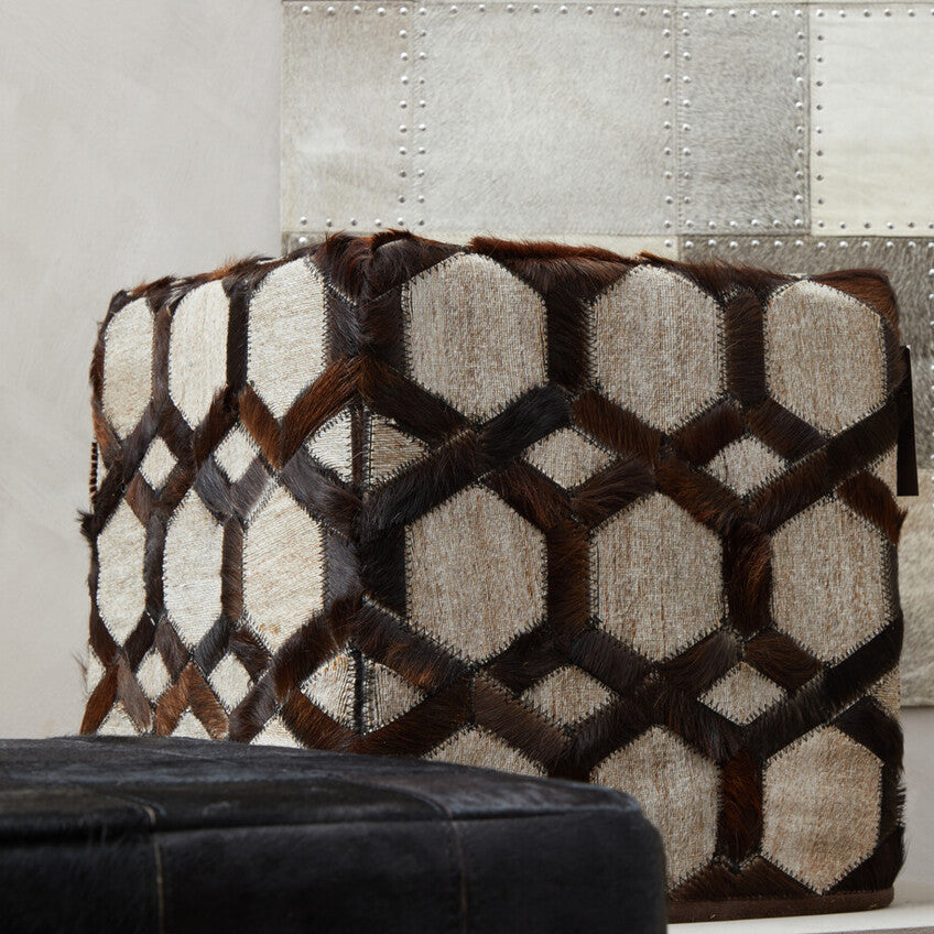 Safira Genuine Grey Leather Patchwork Pouffe