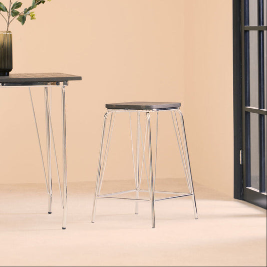 District Chrome Metal And Elm Wood Square Bar Stool