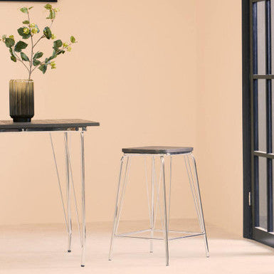 District Chrome Metal Frame And Elm Wood Seat Stool