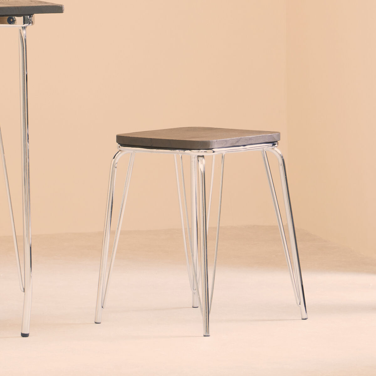 District Chrome Metal And Elm Small Wood Stool