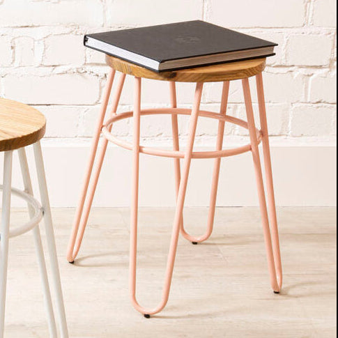 Pink Metal and Elm Wood Hairpin Stool | District