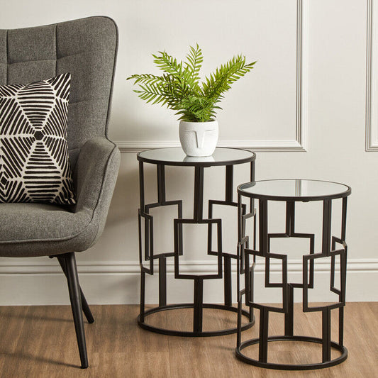 Set of 2 Black Square Metal Frames Nesting Tables with Mirrored Tops, Avantis