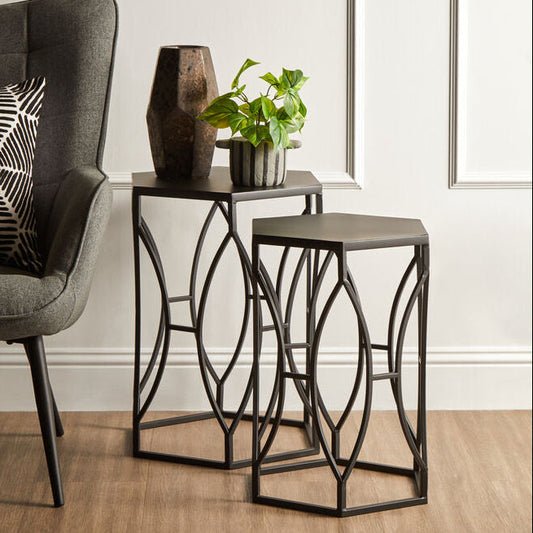 Set of 2 Black Metal Hexagon Top Side Tables with Geometric Industrial Frame, Avantis
