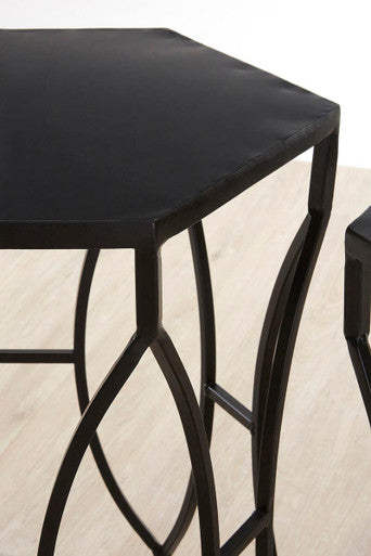 Set of 2 Black Metal Hexagon Top Side Tables with Geometric Industrial Frame | Avantis