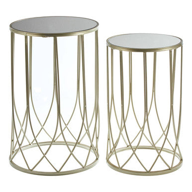 Set of 2 Champagne Gold Mirror Top Side Tables with Metal Bases | Avantis