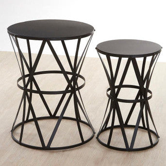 Set of 2 Black Round Metal Top Nesting Side Tables with Cross Lattice Frame, Avantis