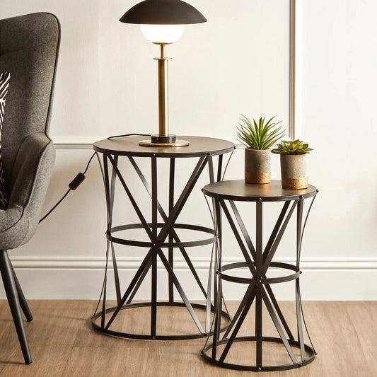 Set of 2 Black Round Metal Top Nesting Side Tables with Cross Lattice Frame, Avantis