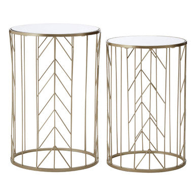 Art Deco Set of Two Champagne Finish Metal Base Side Tables with Reflective Mirrored Tops, Avantis