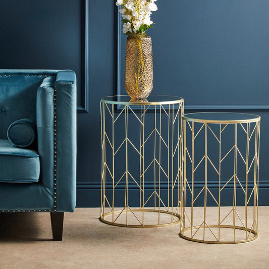 Art Deco Set of Two Champagne Finish Metal Base Side Tables with Reflective Mirrored Tops, Avantis