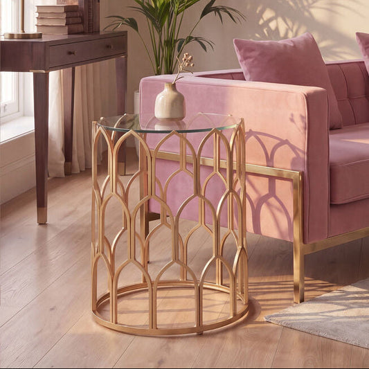 Gold Round Side Table with Geometric Design, Merlin