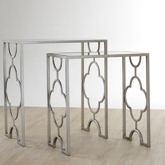 Set of 2 Tempered Glass Top Side Table with Silver Leaf Finish Base, Merlin