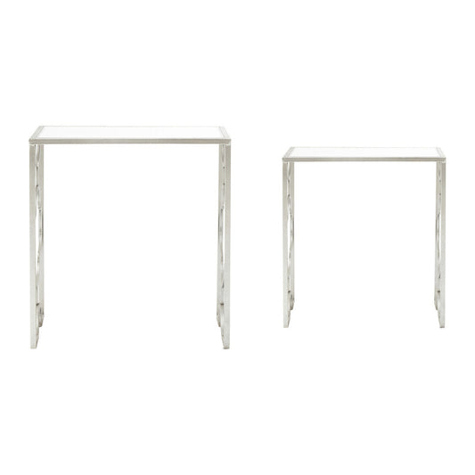 Set of 2 Tempered Glass Top Side Table with Silver Leaf Finish Base, Merlin