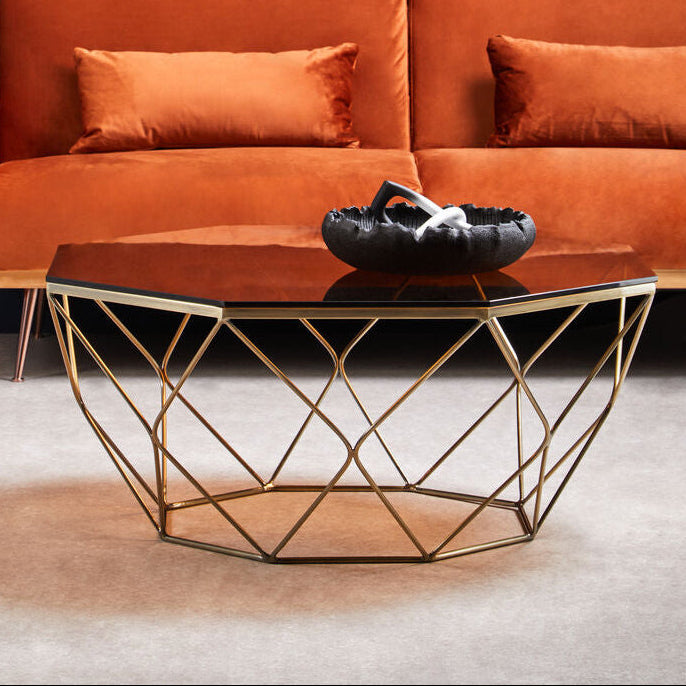 Brown Brushed Bronze Diamond Base Coffee Table with Amber Glass Top, Allure
