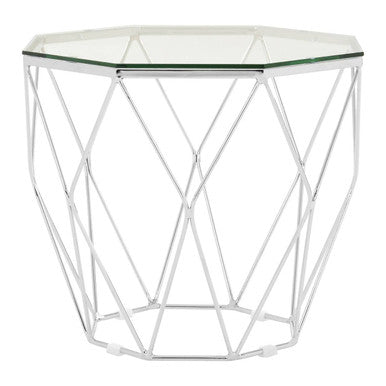 Tempered Glass Top Hexagon End Table with Silver Stainless Steel Geometric Base | Allure